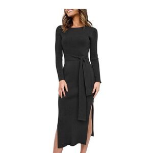 Sweater Dress Ribbed Knit Crewneck Belted Side Slits Long Sleeve Black Size M